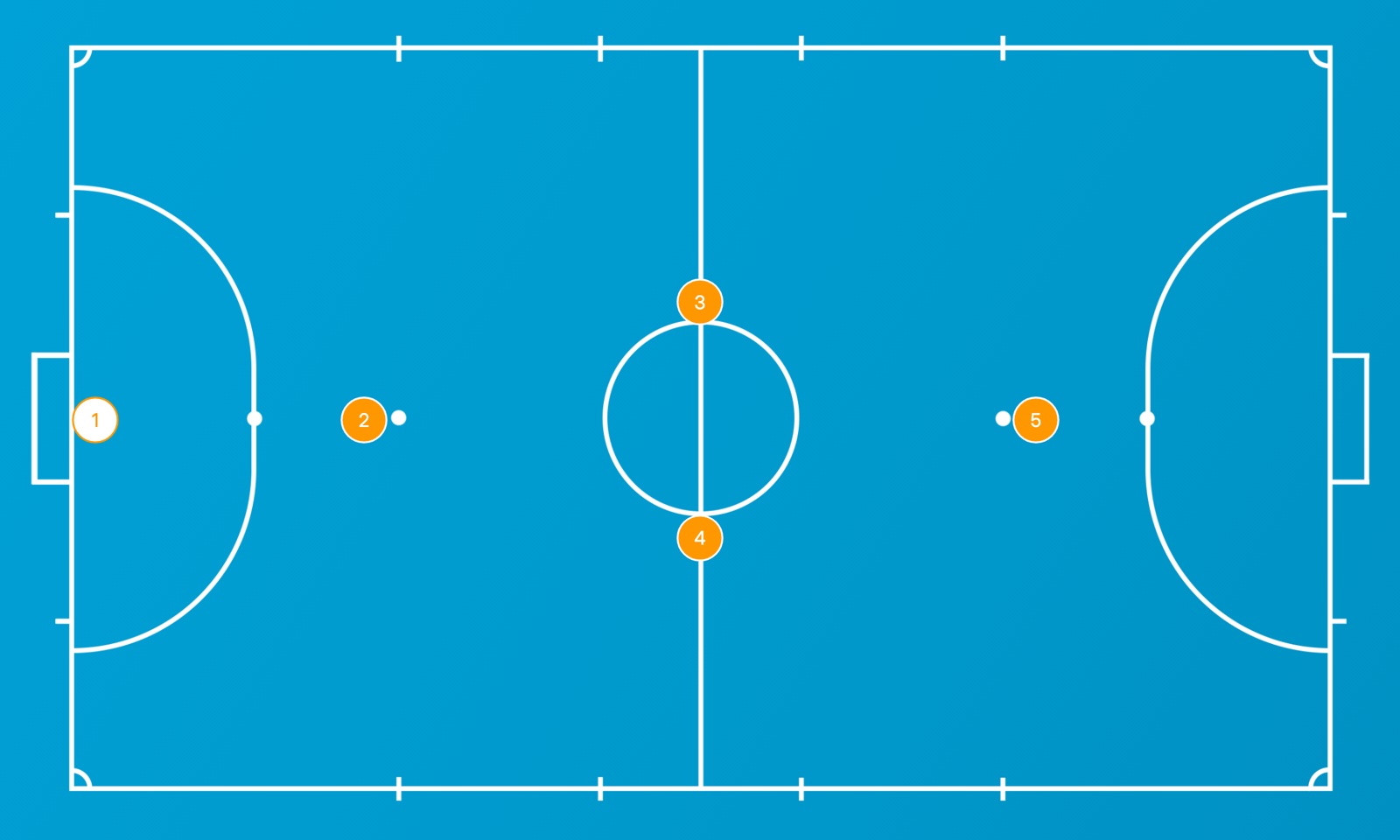 Pizarra táctica de fútbol sala: un rombo 1-2-1 sobre una pista de futsal