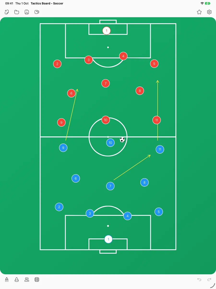 The board on an iPad, with the full pitch and two teams