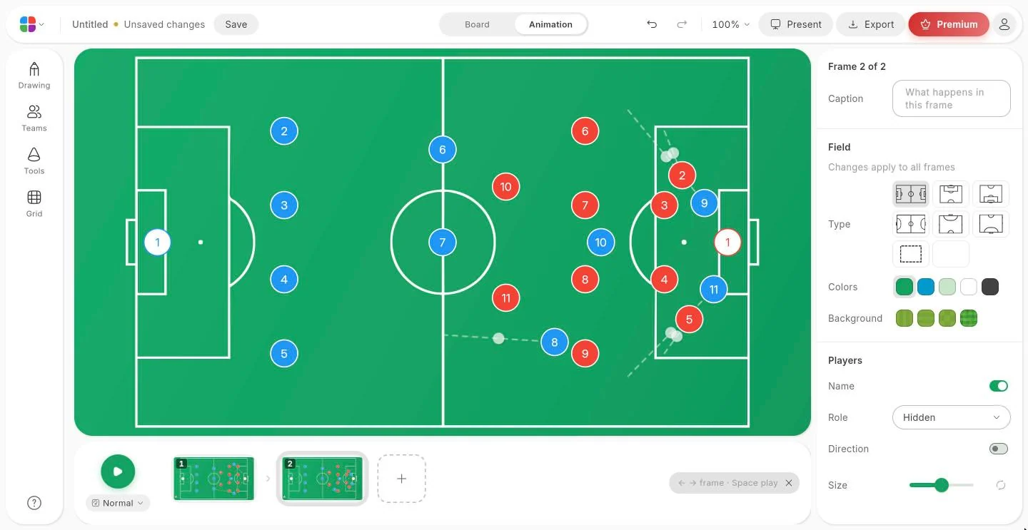 Animation mode: the second frame with the paths of the players from the first frame and the timeline with two frames