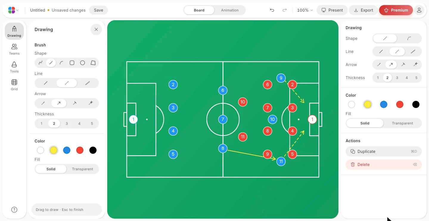 Drawing mode: the brush panel on the left, a pass and two runs on the pitch, the inspector of the selected drawing on the right