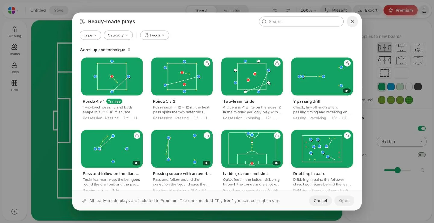 The library of ready-made plays with filters for type, category and focus
