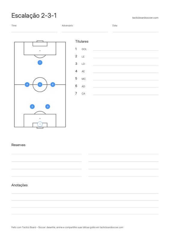 Escalação 2-3-1 para imprimir